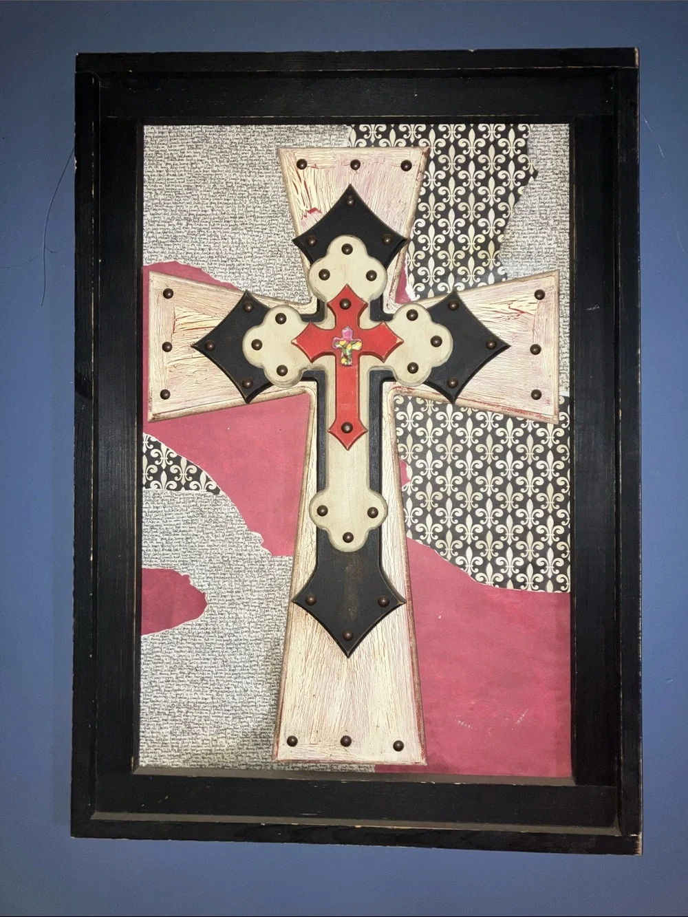 LARGE Layered Decorative Cross Wall Art - Black, Cream & Red